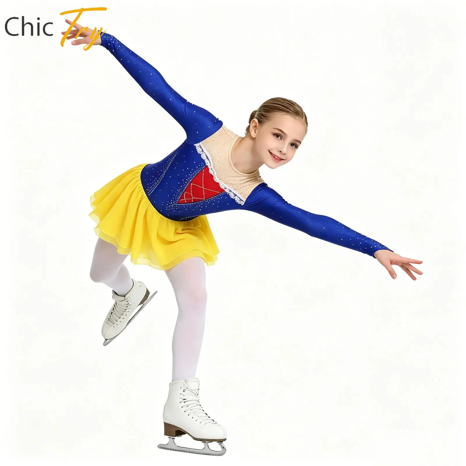 

Kids Figure Skating Dress Girls Ice Skating Skirt Long Sleeve Rhinestones Competition Ballet Dance Party Peeformance Clothing
