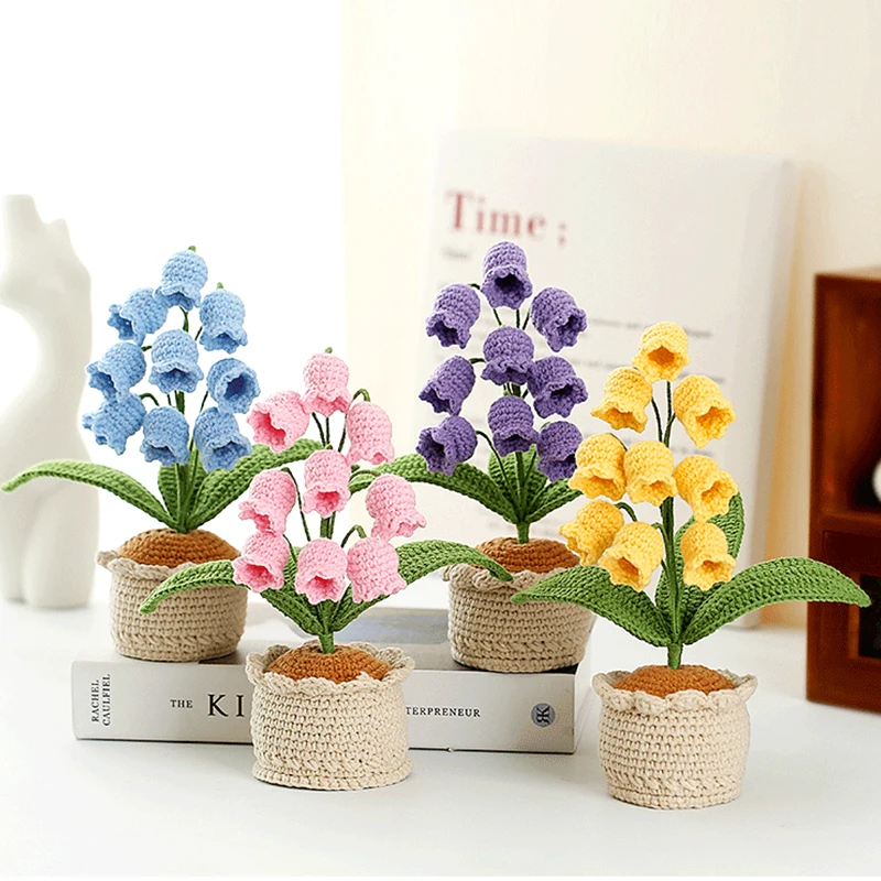 اليدوية الأنيقة الزهور الاصطناعية الكروشيه محبوك الزنابق وادي زهرة بوعاء منضدية غرفة ديكور حلية هدية الزفاف #1