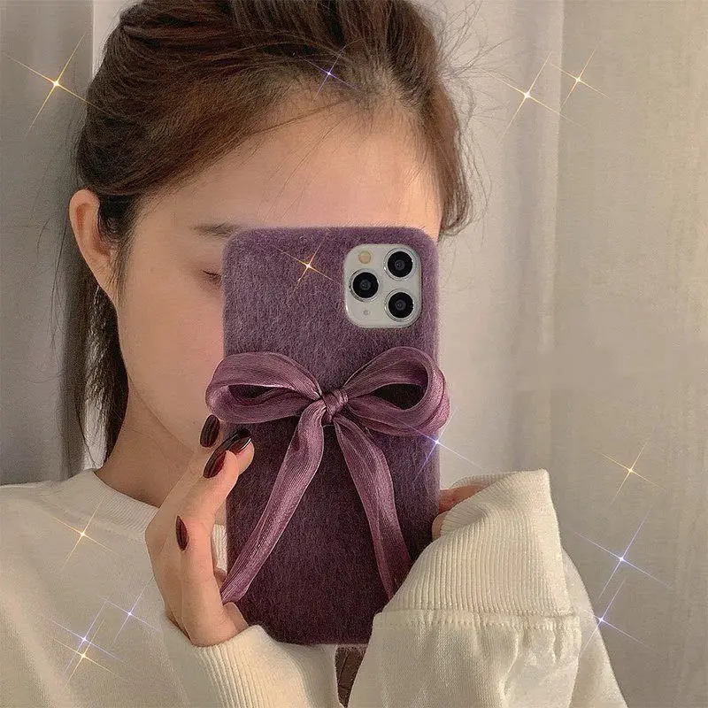 Ins Furry 3D Purple Bowknot iPhone 15 Pro Max 14 Plus Case For Apple 11 12 13 Pro Romance Korea Phone Cover