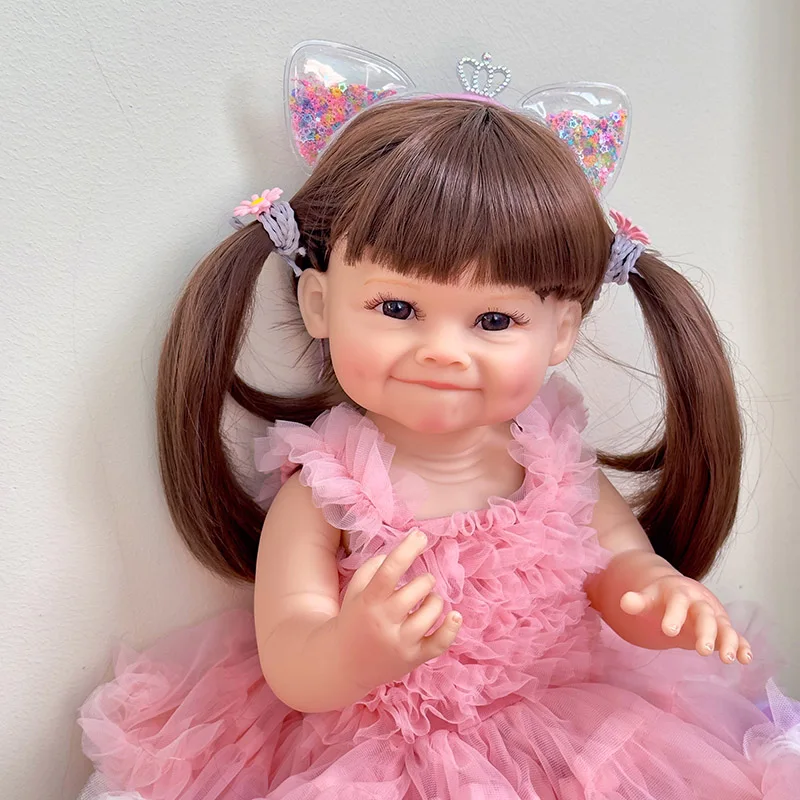 55CM Reborn Toddler Doll with Pink Dress Full Body Soft Silicone Raya Lifelike Soft Touch High Quality Doll Gifts