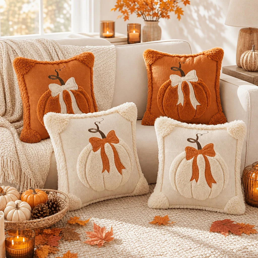 2-Pack Fall 3D Jacquard Pumpkin with Bow Throw Pillow Covers, Autumn Thanksgiving Decor Cushion Covers Pumpkin Pillowcases.