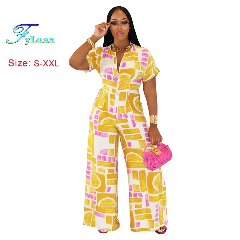 

2025 New Fashion Women Clothes Summer Short Sleeve Jumpsuits Temperament V Neck Slimming Wide Legs Pants One-Piece Romper Pants