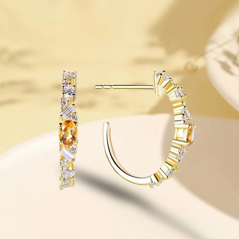 AETEEY S925 Silver 0.8CT Natural Citrine Stud Earrings 18K Gold Plated Diamond Spinel Color Gem Women Ear Jewelry