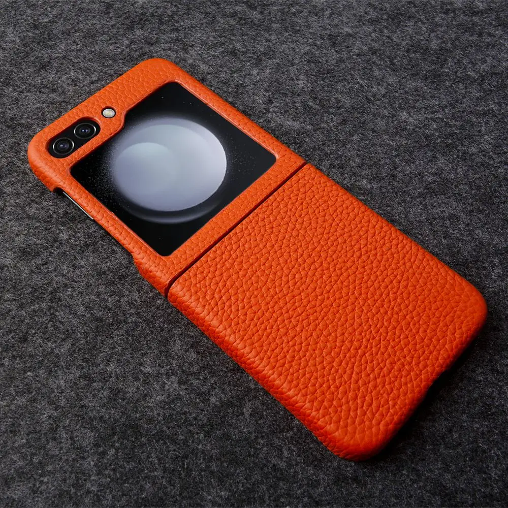حافظة لهاتف Funda Samsung Galaxy Z Flip5 بنمط الليتشي حافظة جلدية أصلية لهاتف galaxy Z Flip7 ZFlip4 3 غطاء هاتف Coque Shell