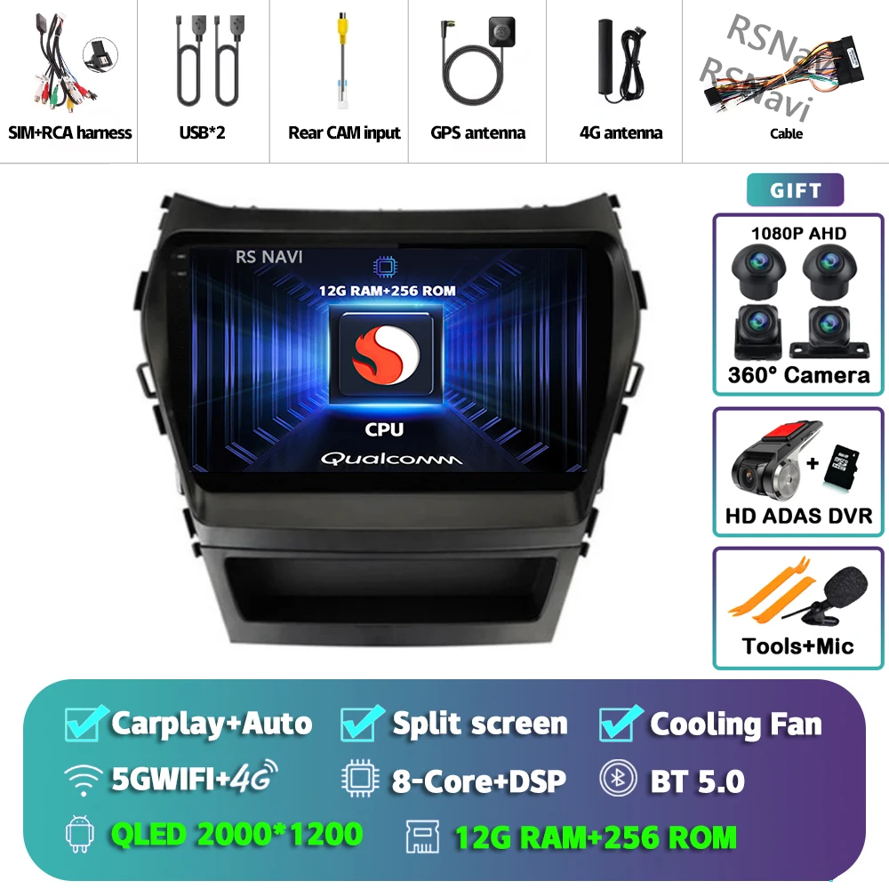 Android 15 Carplay Auto 2K Scherm Autoradio Multimedia Speler voor Hyundai Santa Fe 3 2013 - 2016 Autoradio GPS Stereo Head Unit