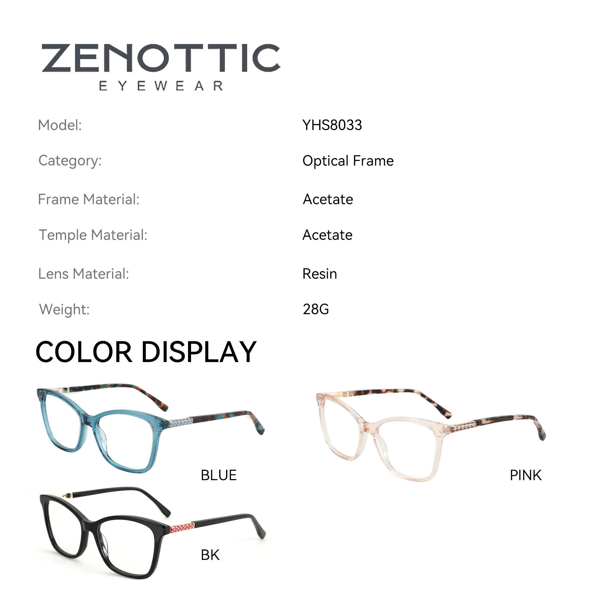 ZENOTTIC Fashion Acetate Prescription Glasses Women Square Optical Eyeglasses Myopia Hyperopia Progressive Anti-Blu-ray