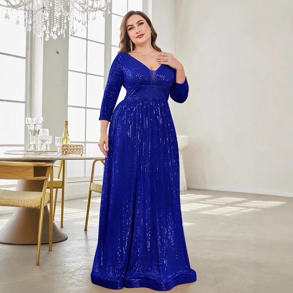 

Ele Long Sve V-Ne Evening Gown Large Size Sequin Floor-Length Dr for Par Wedding Anniversary Performance