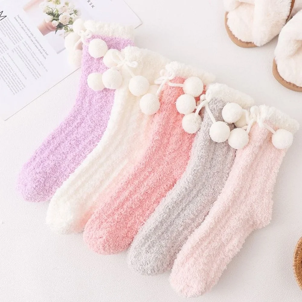 5 Pairs New Solid Color Hair Ball Coral Fleece Women Socks Warm Mid-tube Pink Furry Home Floor Sleepping Socks