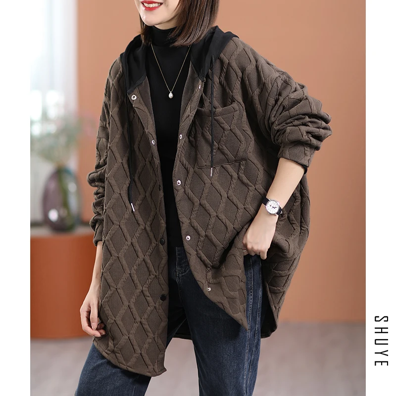 Lightweight Cotton Jaet Women's Autumn Winter Casual Faion Midi Length Patchwork Color Hooded Rhombus Cotton Coat