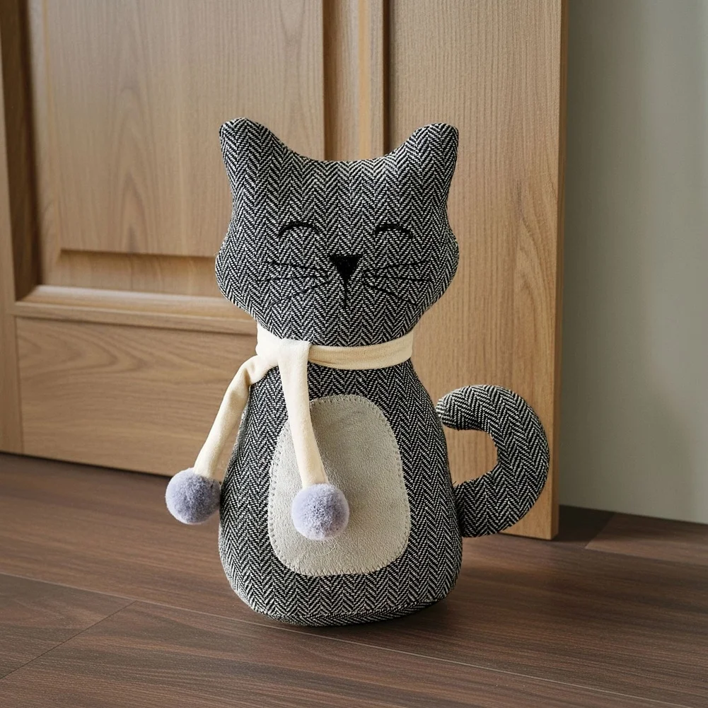 New Woven Cloth Kitty Door Gap Holder Scarf Bow Detail Windproof Decor Piece Cute Animal Shape Home Bedroom Floor Display Supply