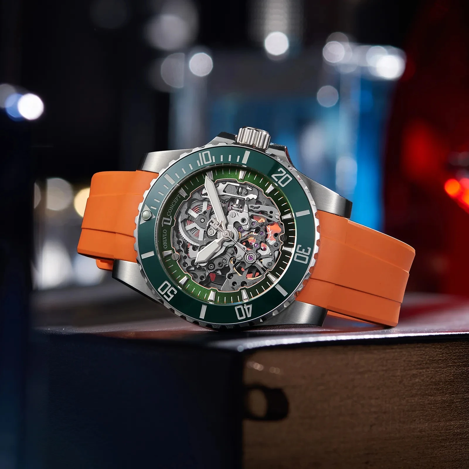 Роскошные мужские механические часы-скелетоны OBLVLO с резиновым ремешком и сапфировым стеклом, водонепроницаемые мужские часы для дайвинга 200 м