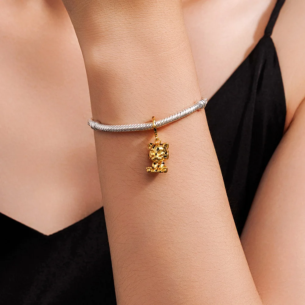 New 925 Sterling Silver Charms Golden Leopard Cub Pendant Beads Fit Bracelet Women's Diy Jewelry Love Daily Hot Gifts