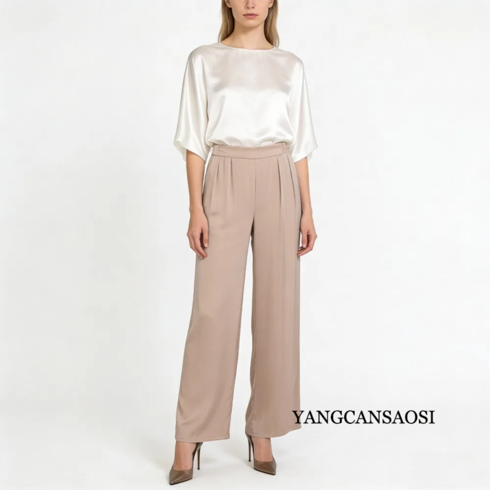 Women's Clothing Light Luxury High-end 95% Natural Mulberry Silk Elastic Satin Pocket Design Elastic Waist Straight Leg Pants