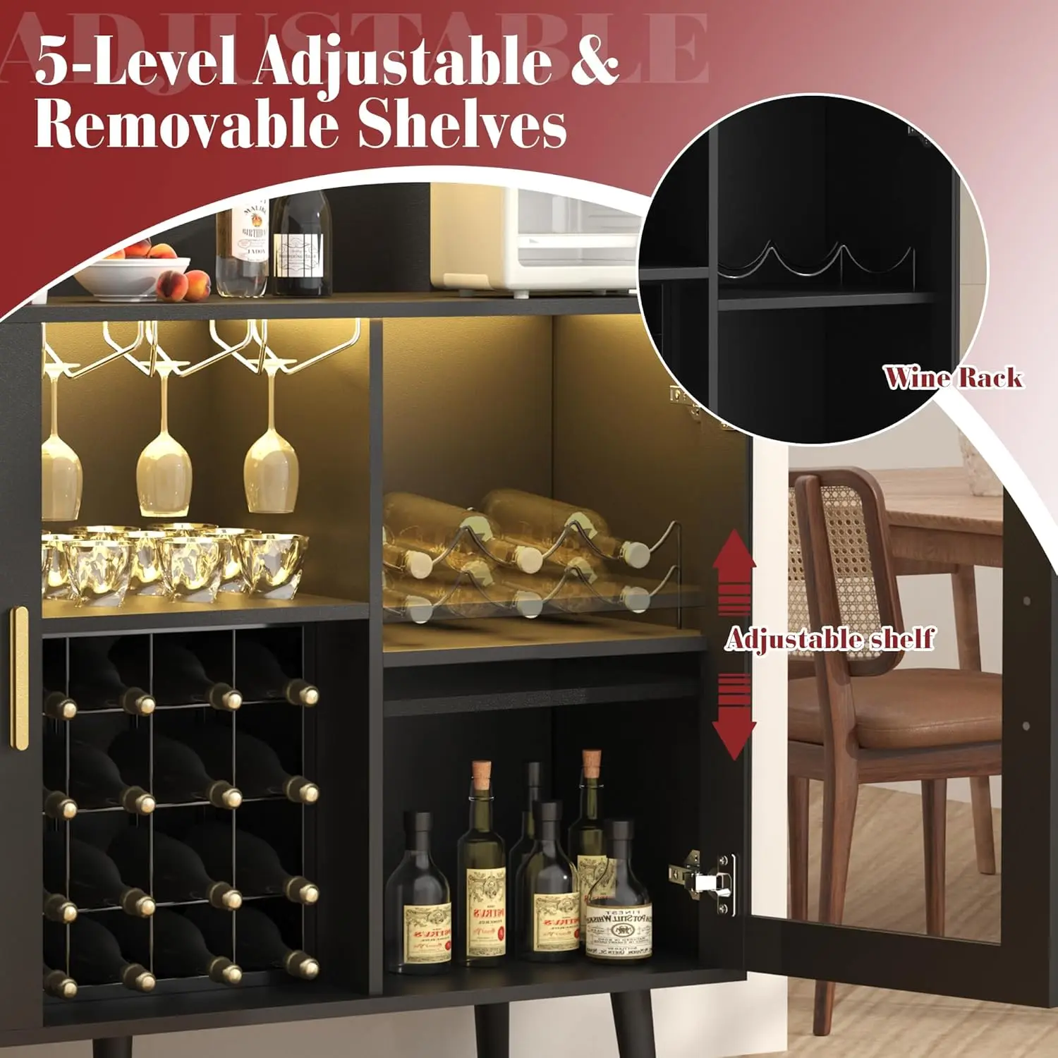 Mueble Bar para Café y Vino con Luces LED, Estante para Copas y Almacenamiento Extraíble, Buffet para Sala de Estar, Comedor y Cocina, Negro, Personalizable