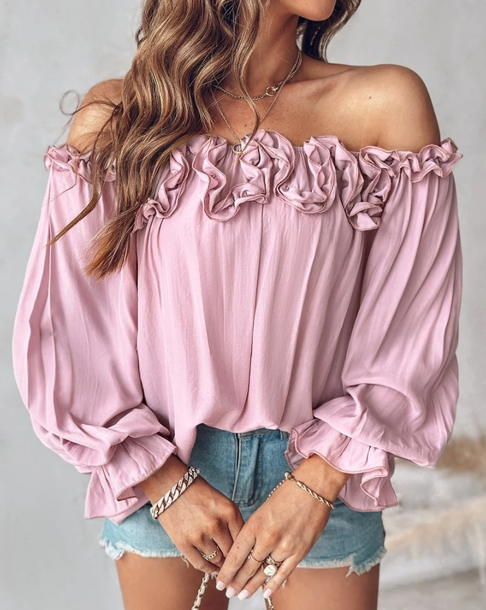 

Fashion Woman Blouse 2024 Spring Ruffle Hem Lantern Sleeve Casual Off The Shoulder Plain Long Sleeve Daily Top