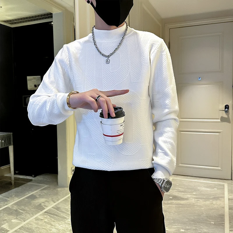 Men's Half High Collar Knit Sweater Classic Solid Color Slim Casual Knitted Pullover Oversized Knitwear Tops Social Men Clothing