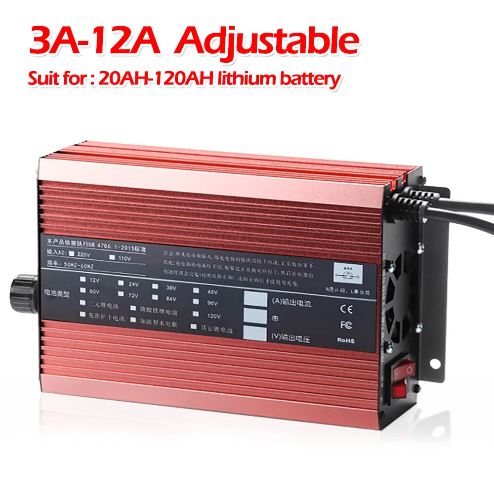 Smart Adjustable Lithium Battery Charger Battery Curren Adjust 2A 5A 10A 12A Fast Charge for 20AH-120AH Lithium Battery