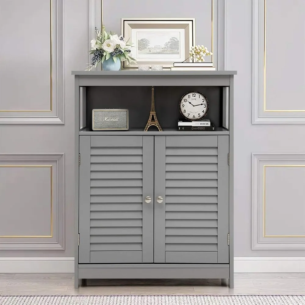 

Bathroom Floor Cabinet, Wooden Freestanding Storage Cabinet with Double Shutter Door & Adjustable Shelf, Storage Cabinet