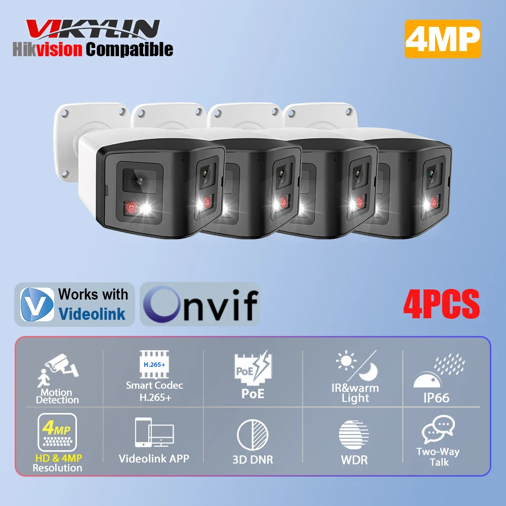 

VIKYLIN 4PCS Camera Kit Smart Dual-Light Panoramic IP Camera Two-Way Audio Motion Detection IP66 Outdoor Video Surveillance CCTV