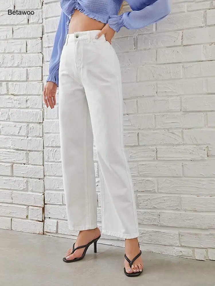 

White High Waisted Straight Leg Jeans Clean Girl Aesthetic Casual Denim Pants