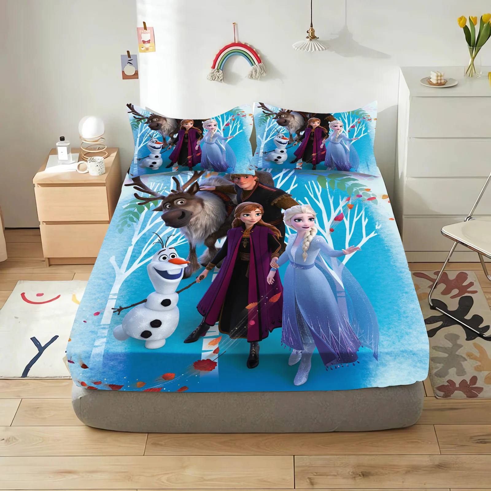 Frozen Princess Elsa 3D Children'S Bedding Set Fitted Sheet Anime Comforte Cute Printed Cartoon 100% Polyester Home Decor 2/3pcs