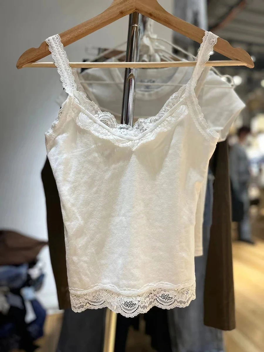 Süße Spitze Patchwork Schlank Tank Tops Frauen Sommer Weiß Sexy Einfache Baumwolle Weiche Ärmellose Westen Weibliche Vintage Chic Y2K Leibchen – Detail 8