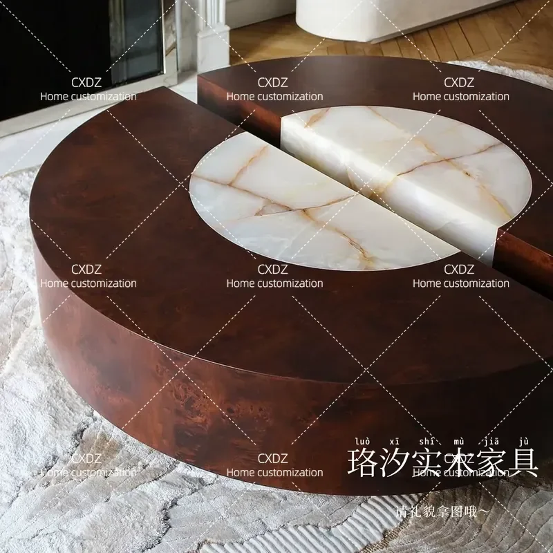 Modern Light Luxury Natural Marble Round Coffee Table Solid Wood Structure Living Room Furniture