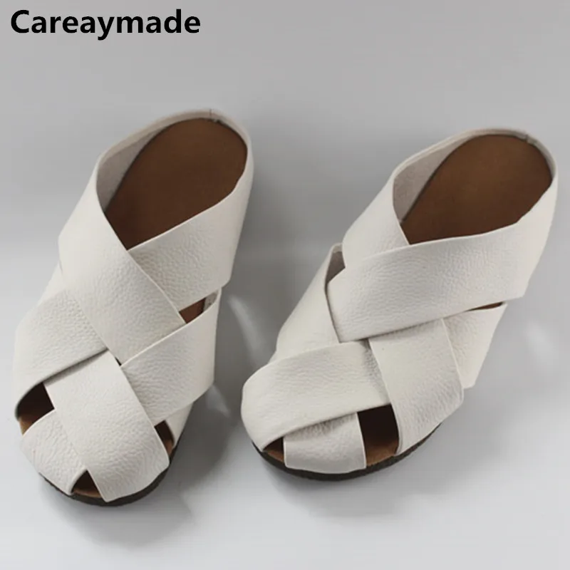 Careaymade-Pure handmade Retro Lazy Half Slippers Women Wear Hollow Baotou Low Heel big size Flat Bottom Slippers,size 34-41