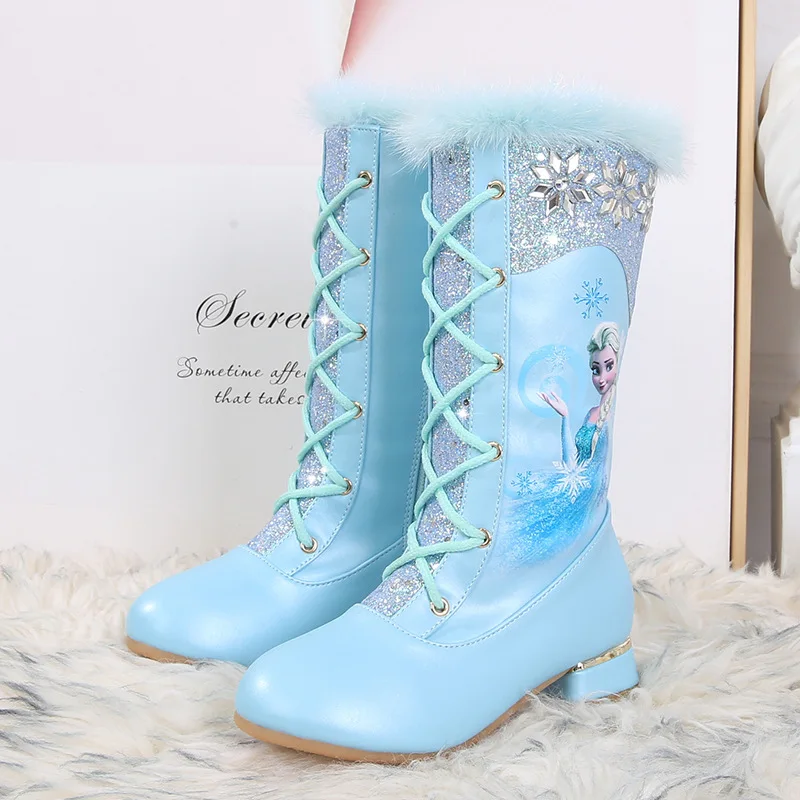 Disney Mädchen Lederstiefel Winter Cartoon gefrorene Stiefel Seite Reiß verschluss hohe Plüsch Prinzessin Elsa Stiefel warme Kinder stiefel Größe 27