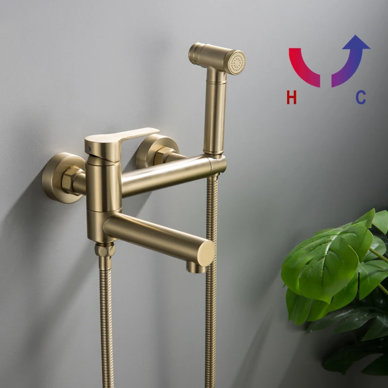 

Brass Brushed Gold Black Wall Mounted Hot Cold Mixer Tap With Bathtub Spout Hand Spray Shower Head Bathroom Toilet Bidet Faucet