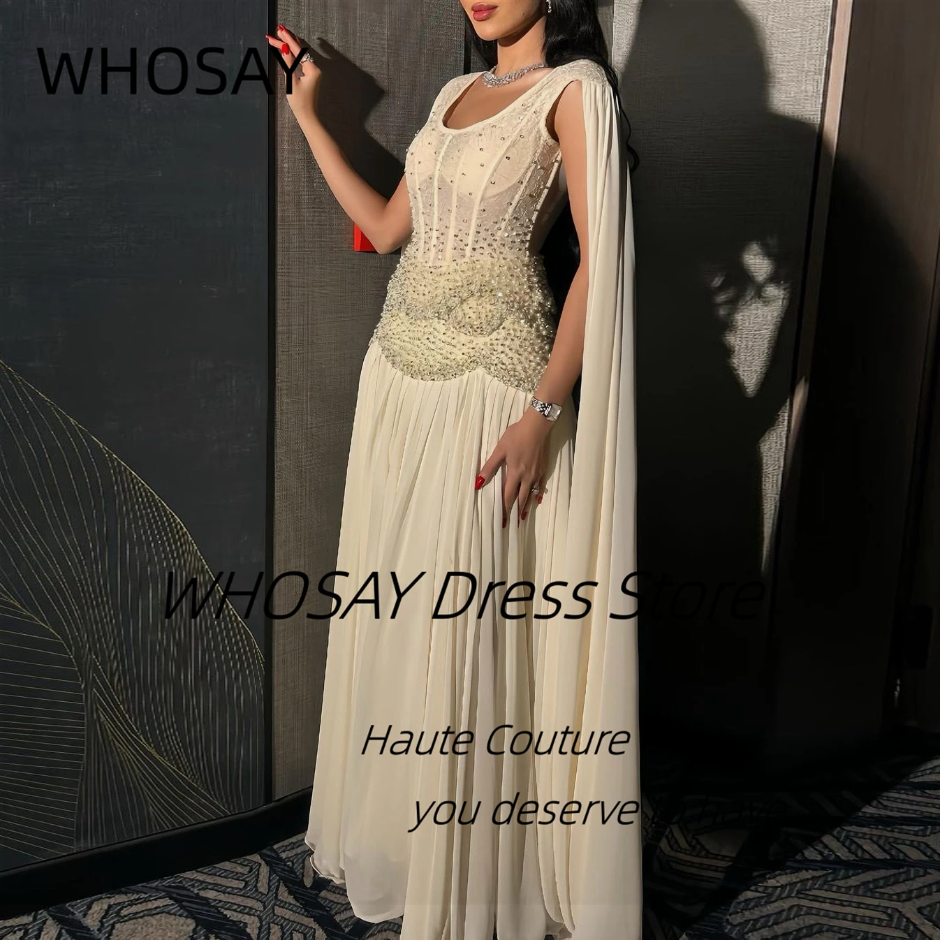 WHOSAY Scoop Neck abiti da ballo Sexy con maniche svolazzanti abito da sera per feste di compleanno con perline abiti in Chiffon per occasioni