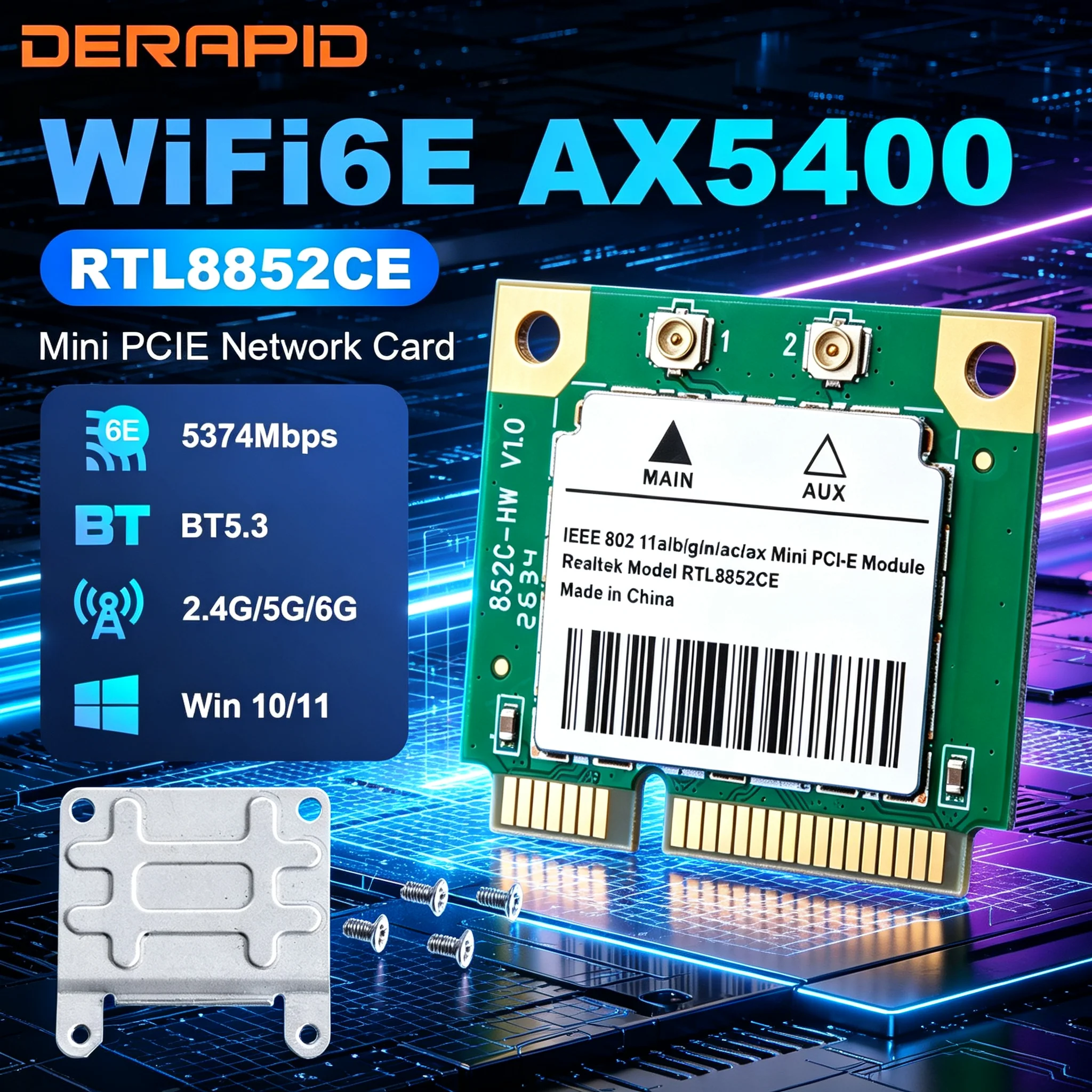 RTL8852CE WiFi 6E Mini PCIe Adapter 5374Mbps Tri-Band 2.4G/5G/6GHz BT5.3 Wireless Network Card Upgrade for Desktop PC Win10 11