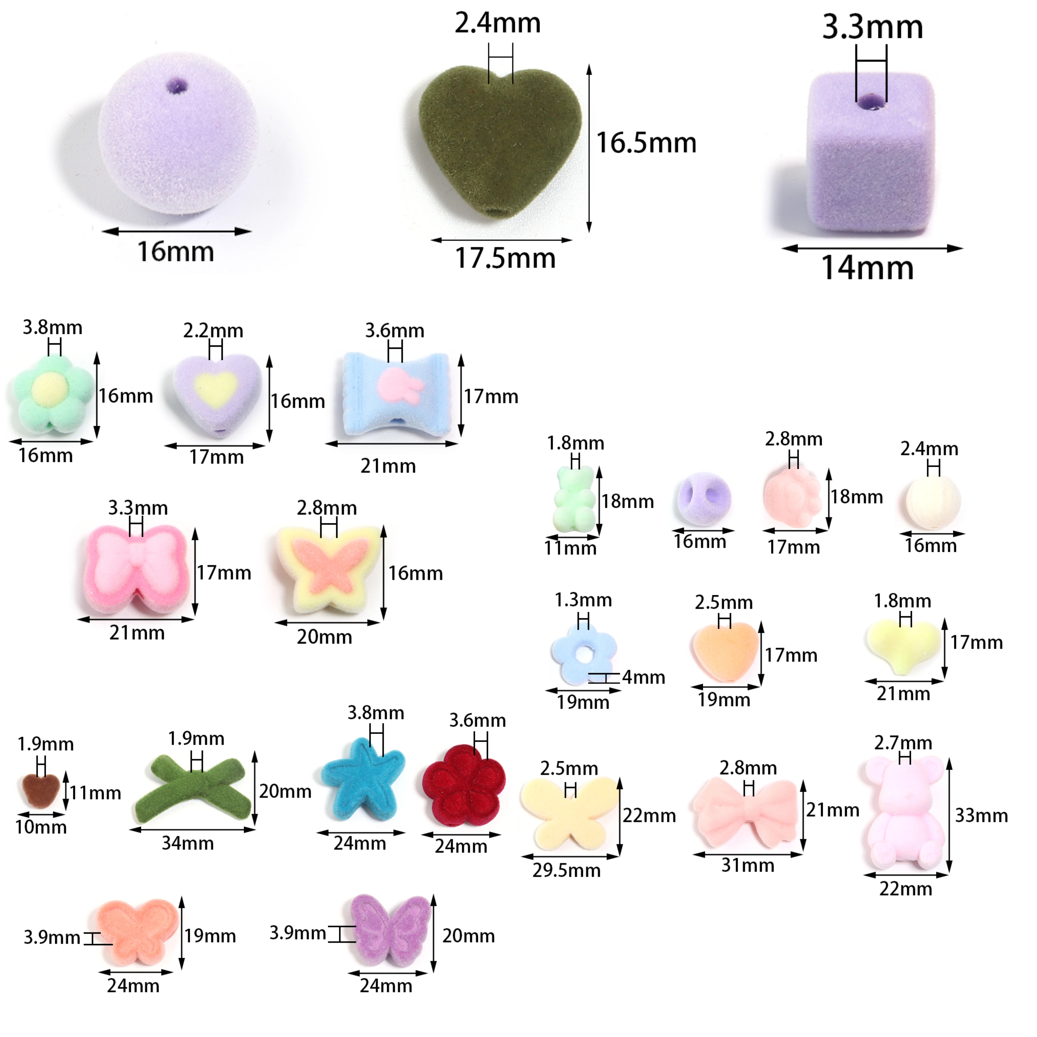 10pcs Colorful Acrylic Bead Flocking Velvet Round Ball Beads Square Bows Heart for DIY Crafts Ornament Making Charms Accessories