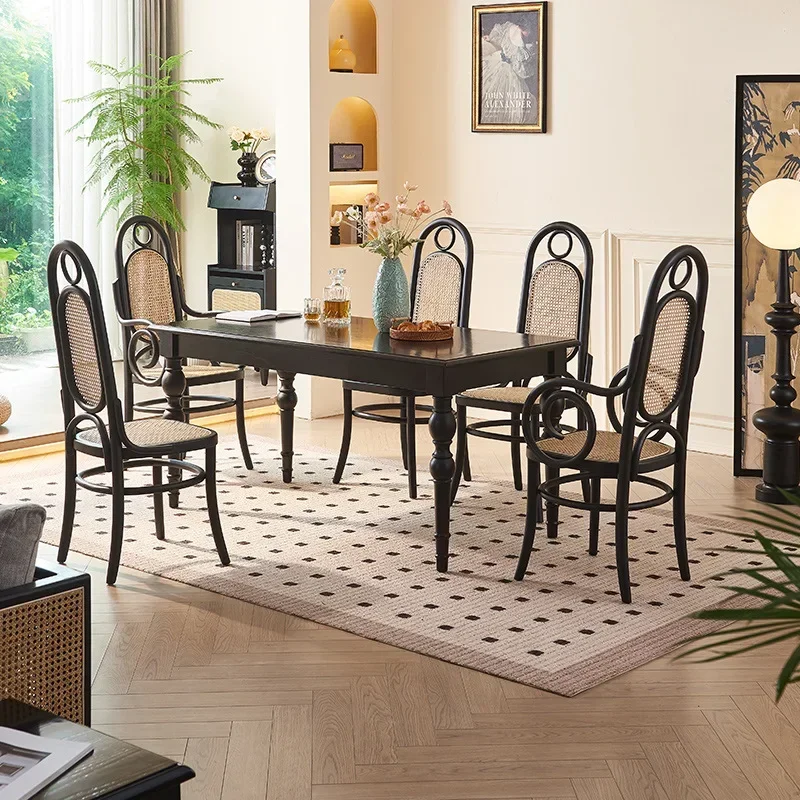 Solid wood dining table black rattan dining table and chair combination designer antique restaurant hotel high