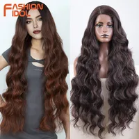 FASHION IDOL-pelucas de Cosplay onduladas profundas de 36 pulgadas/90cm, pelucas frontales de encaje sintético para mujeres negras, pelucas de malla con división de fibra, Ondulado súper largo