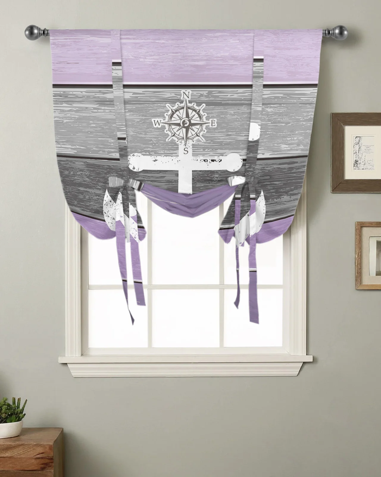 

Vintage Farm Barn Wood Grain Anchor Purple Kitchen Short Window Curtain Modern Home Decor Small Window Roman Tie Up Curtains