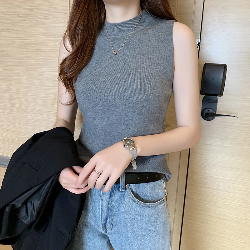 Blouses Top Femme Knit Blouse Women Blusas Mujer De Moda 2024 Verano Sleeveless Black White Knitted Blouse Shirt Tops Women E821