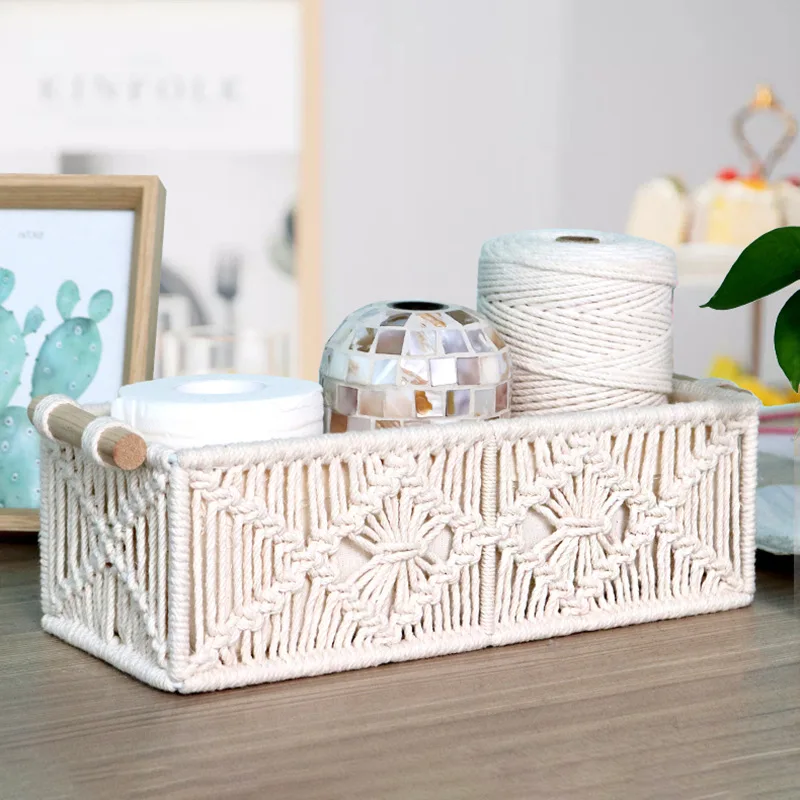 Handwork Woven Rectangle Basket Cotton Rope Macrame Storage Box Sundries Cosmetic Organizer Bin Photography Prop Home Decor