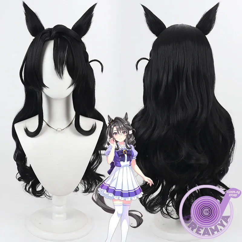 Genuine Cosplay Wig Uma Musume Pretty Derby Black Wavy Long Heat Resistant Synthetic Hair Halloween Party Role Play + Wig Cap