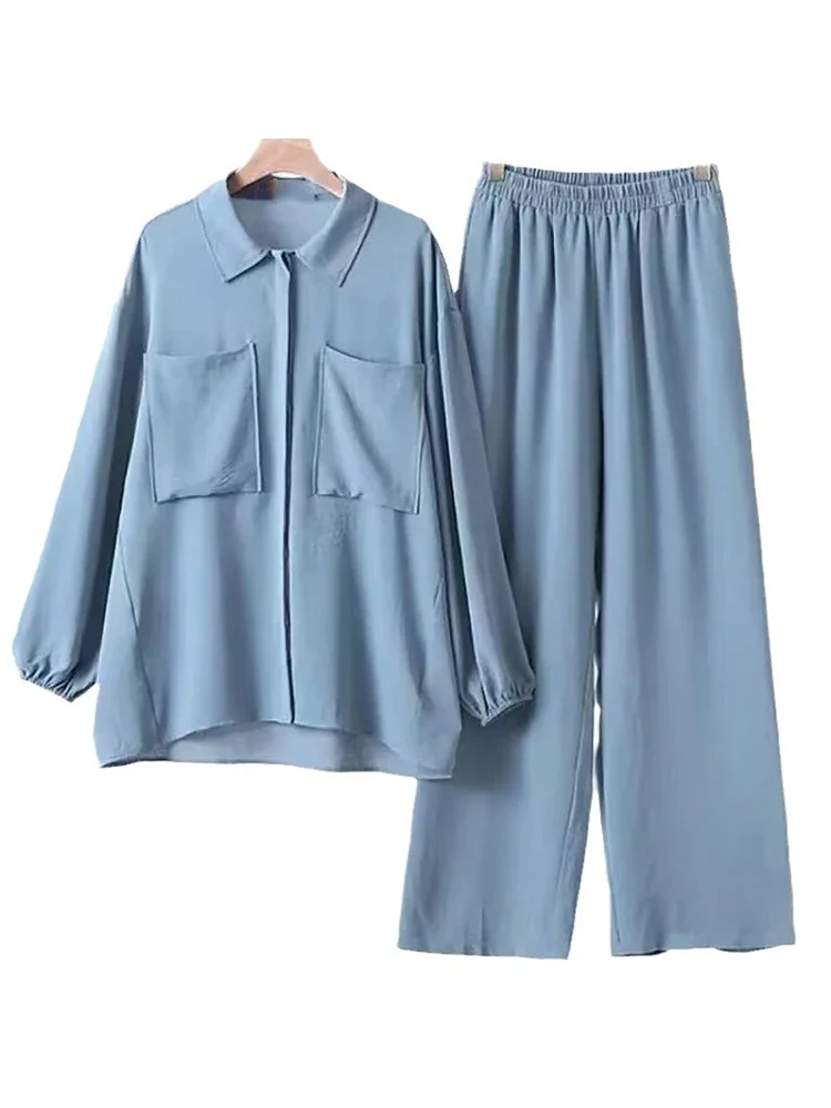 Ramadan Women Eid Muslim Two Piece Set Blouse & Skirt Musulman Ensemble Single Breasted Button Shirt Wide Leg Pant Matching Sets