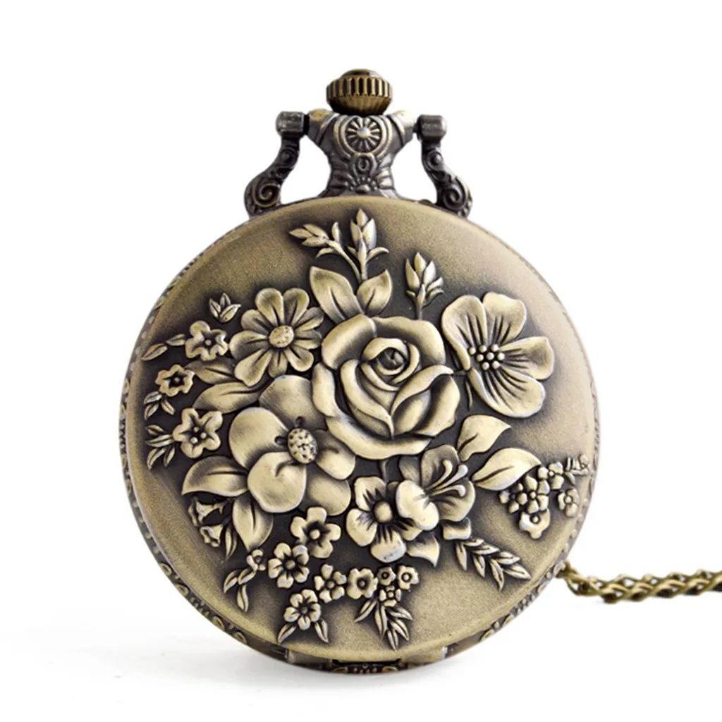 Vintage Pocket Watch Trend Flower Sculpture Decoration Quartz Fob Watches With Necklace Casual Exquisite Watch For Gifts