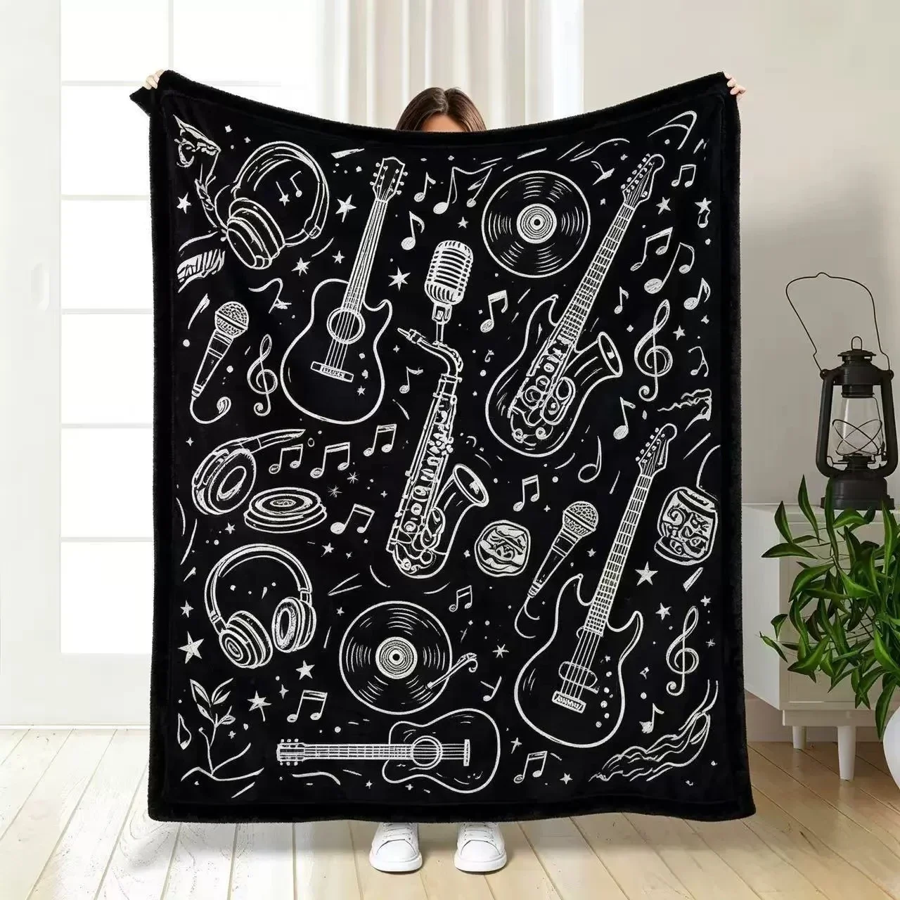 Black White Musical Note DIY blanket Cozy Warm Fleece Blanket Guitar Microphone Headphone Print Music Lover Bedroom Decoration