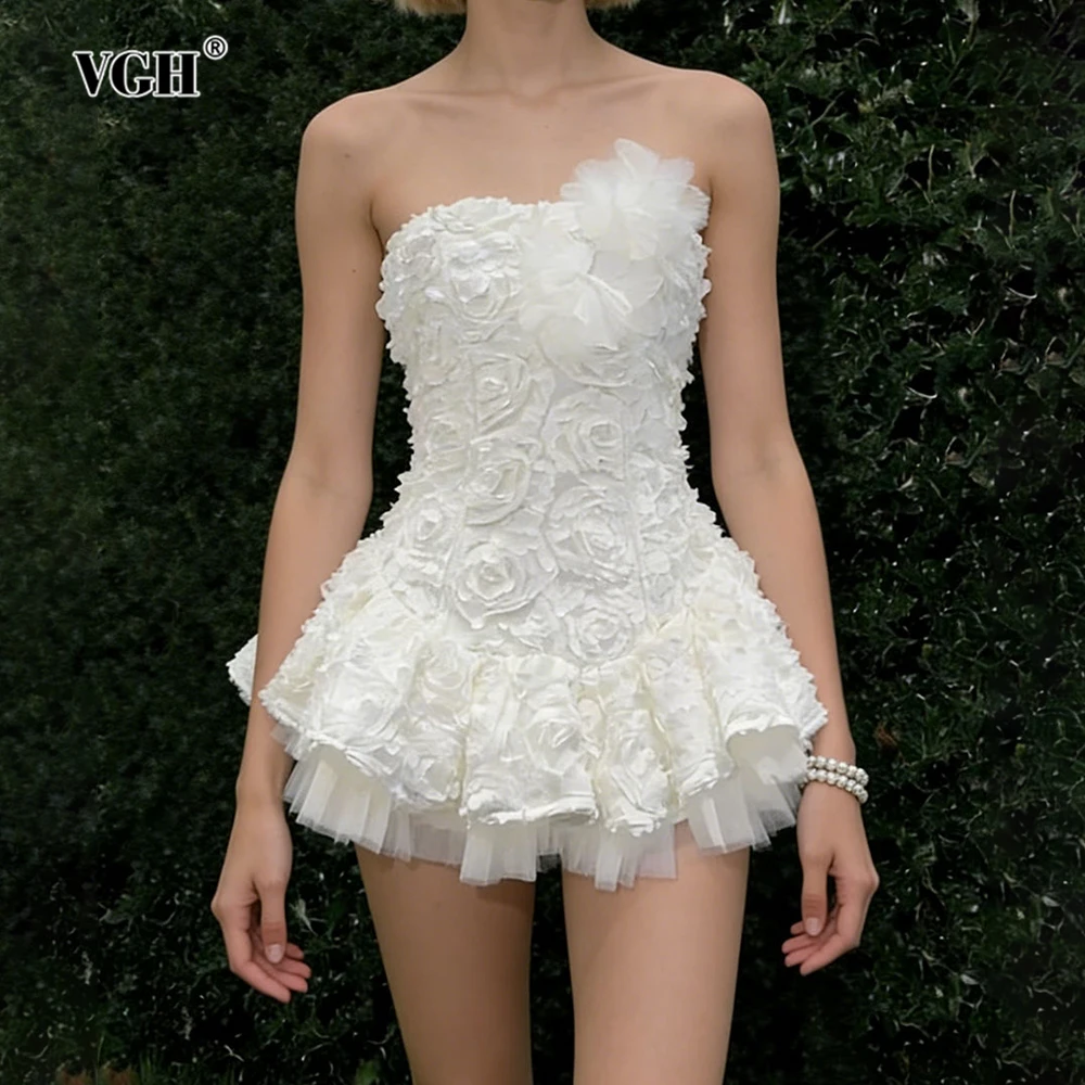 VGH 솔리드 섹시한 주름 미니 드레스 여성용 스퀘어 칼라 민소매 하이 웨이스트 여름 스위트 파티 드레스 여성 패션 스타일