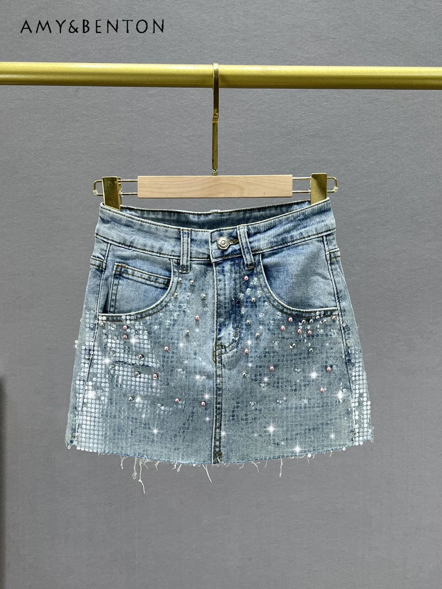 

European Goods Beaded Denim Skirt Women Summer New High Waist Slim A-line Skirts Commute Style Fashion All-Match Mini Skirt