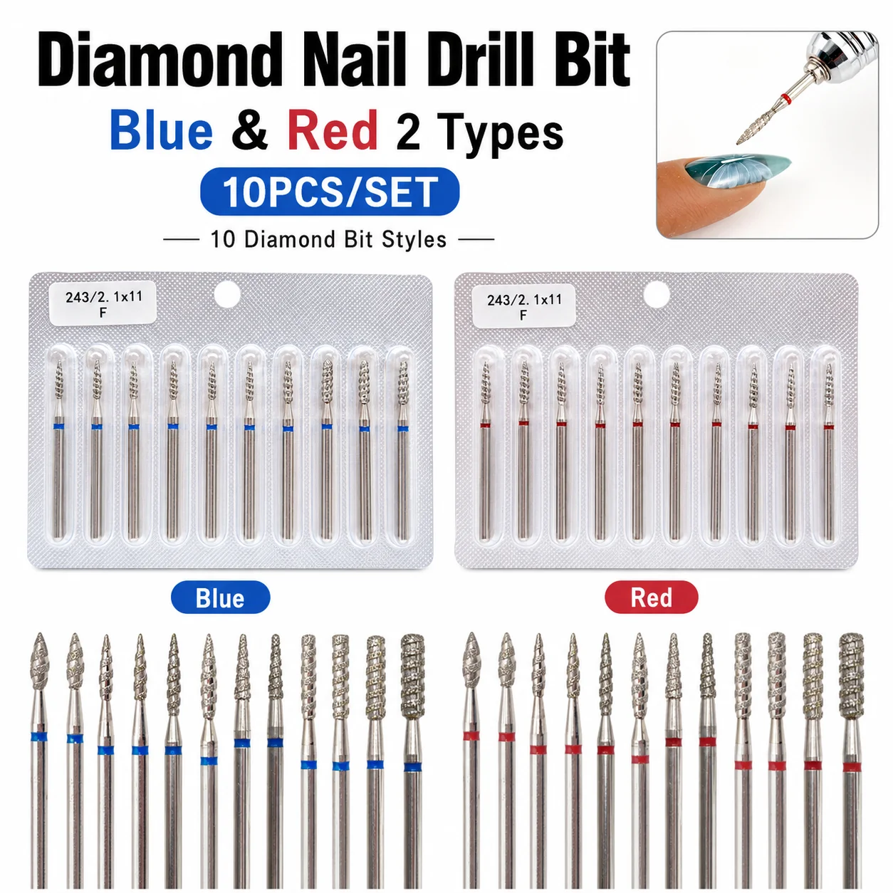 10Pcs Tornado Flame Diamond Drill Bits – Fine/Medium Grit Rotary Burrs for Manicure & Nail Art Accessories