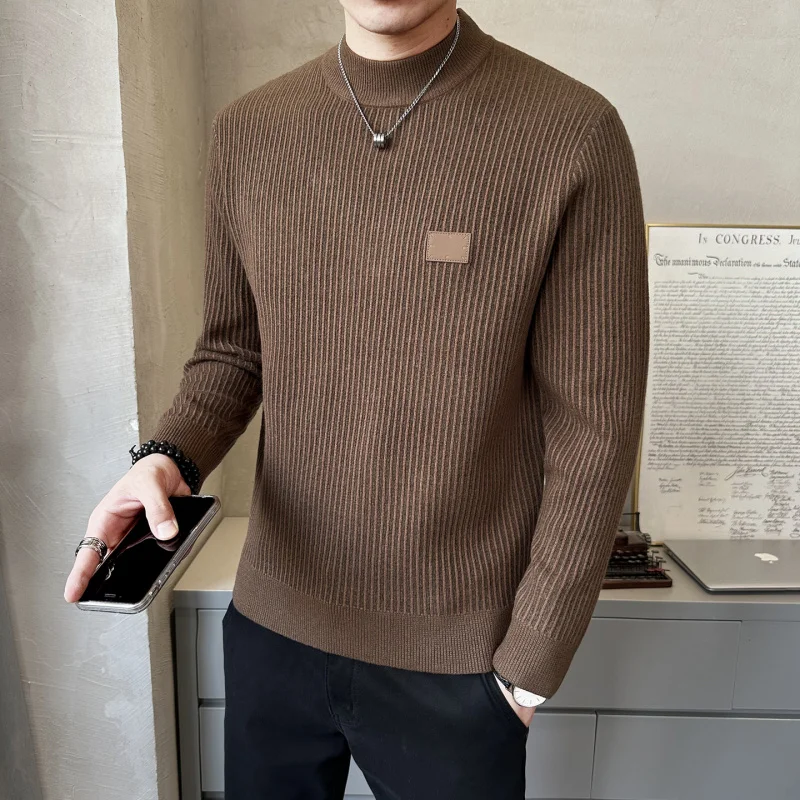 

Мужской теплый вязаный свитер с воротником-стойкой, с длинным рукавом, повседневный шерстяной топ, модный базовый слой, легкий, роскошный, для дома и улицы