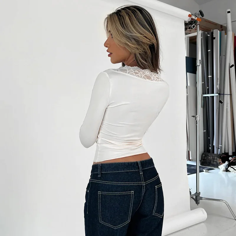 

Sexy Lace ort Crop Top Open Cardigan Bodysuit Scoop Neline Women's Faion Spring 2024 Polyester Long Sve T-irt