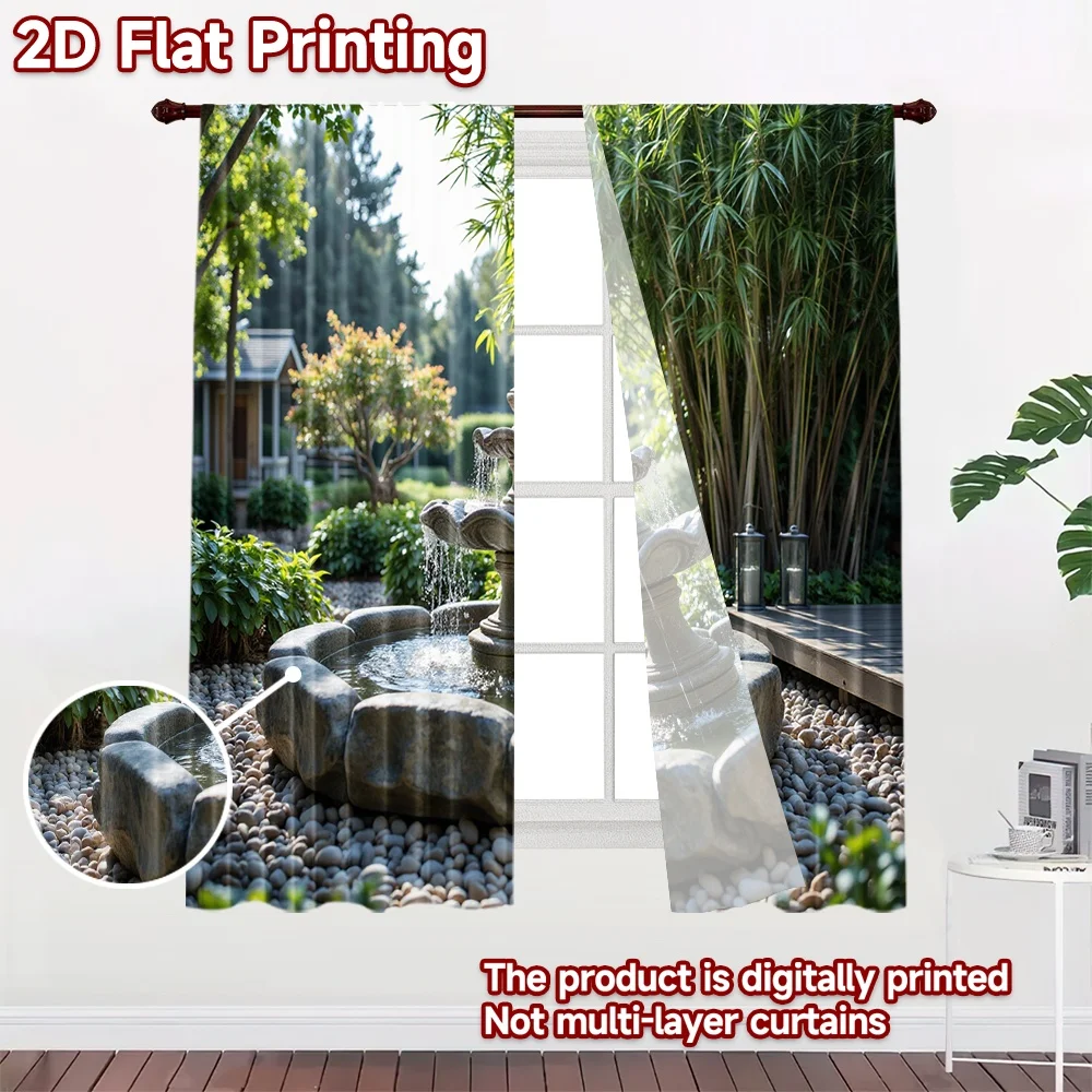 2D flat 2pcs Curtain Retro Country Style Stone Garden Fountain Durable polyester fiber Party & Holiday Decor Perfect for Holiday