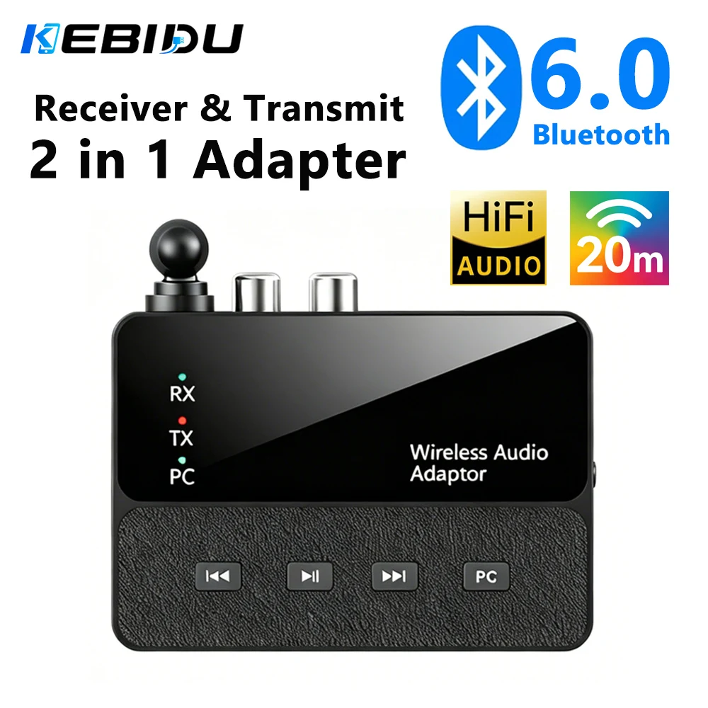 KEBIDU Bluetooth 6.0 Transmitter Receiver Low Latency Wireless Audio Adapter 3.5mm AUX RCA HIFI Lossless Sound For PC TV Speaker