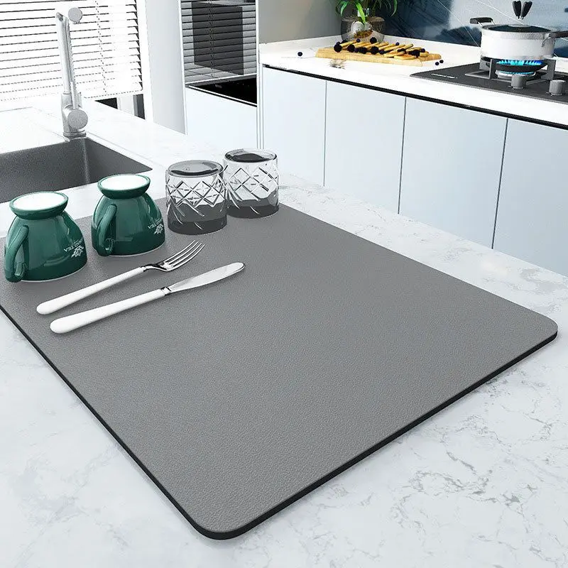 Advanced Dark Gray Plain Kitchen Drain Mat, Anti Slip Coffee Machine Tableware, Kitchen Countertop Protection Mat